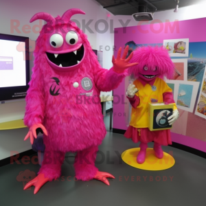 Pink Demon mascot costume character dressed with a Raincoat and Brooches