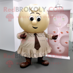 Beige Chocolates mascot costume character dressed with a Skirt and Tie pins