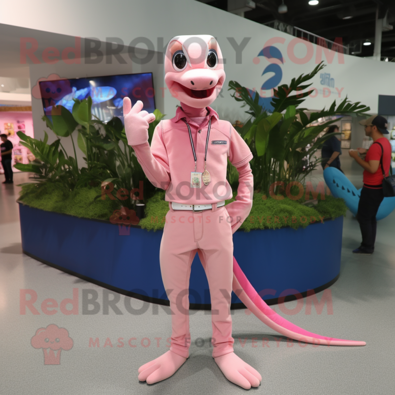 Pink Coelophysis mascot costume character dressed with a Jeans and Caps