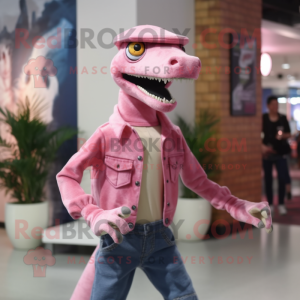Pink Coelophysis mascot costume character dressed with a Jeans and Caps