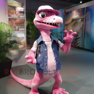 Pink Coelophysis mascot costume character dressed with a Jeans and Caps