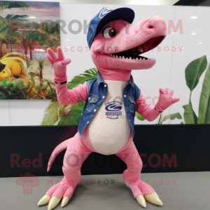 Pink Coelophysis mascot costume character dressed with a Jeans and Caps