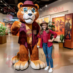 Maroon Saber-Toothed Tiger mascot costume character dressed with a Mom Jeans and Hats