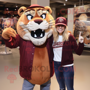 Maroon Saber-Toothed Tiger mascot costume character dressed with a Mom Jeans and Hats