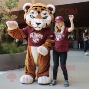 Maroon Saber-Toothed Tiger mascot costume character dressed with a Mom Jeans and Hats