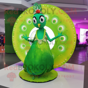 Lime Green Peacock mascot costume character dressed with a Circle Skirt and Bracelets
