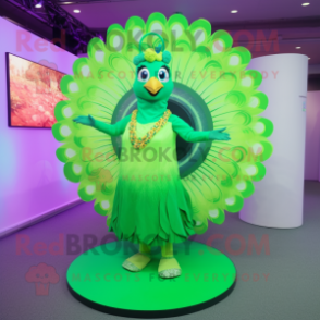 Lime Green Peacock mascot costume character dressed with a Circle Skirt and Bracelets