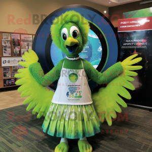 Lime Green Peacock mascot costume character dressed with a Circle Skirt and Bracelets