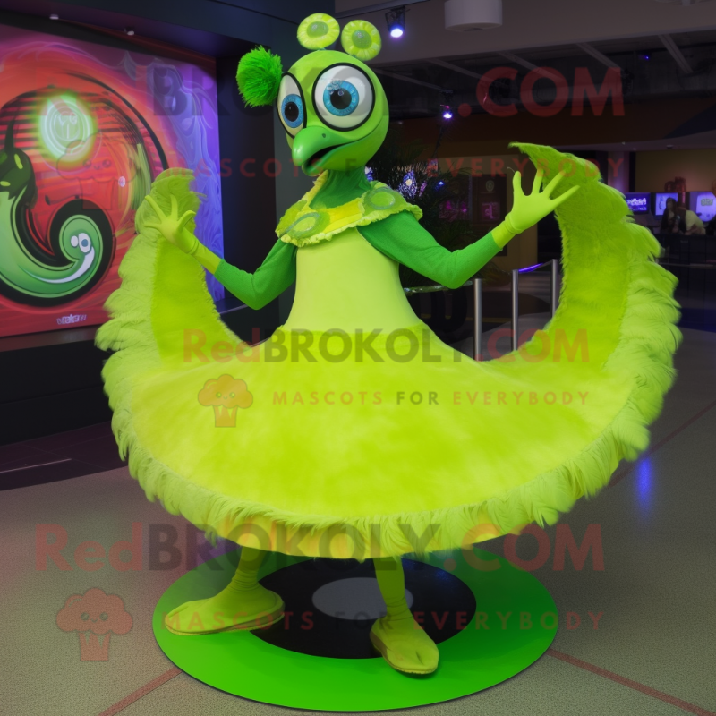 Lime Green Peacock mascot costume character dressed with a Circle Skirt and Bracelets