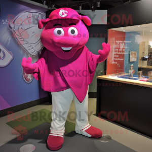 Magenta Pho mascot costume character dressed with a Baseball Tee and Shawls