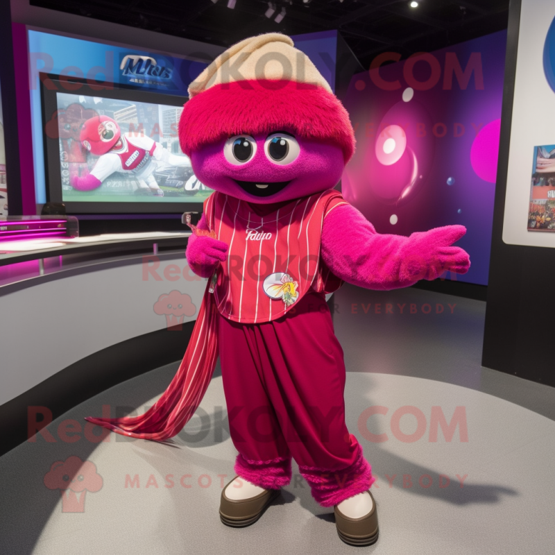 Magenta Pho mascot costume character dressed with a Baseball Tee and Shawls Magenta Pho mascot costume character dressed with a Baseball Tee and Shawls