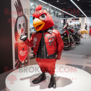 Red Quail mascot costume character dressed with a Biker Jacket and Coin purses