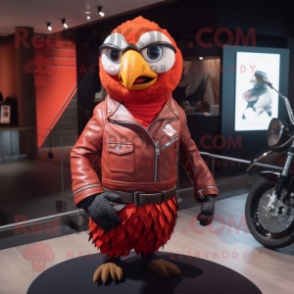 Red Quail mascot costume character dressed with a Biker Jacket and Coin purses