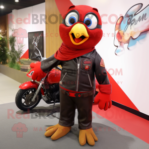 Red Quail mascot costume character dressed with a Biker Jacket and Coin purses