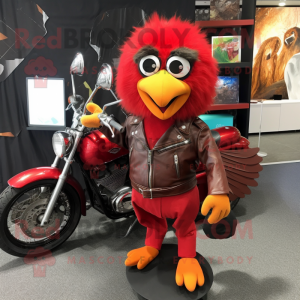 Red Quail mascot costume character dressed with a Biker Jacket and Coin purses