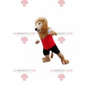 Leeuw mascotte in rode en zwarte sportkleding. - Redbrokoly.com