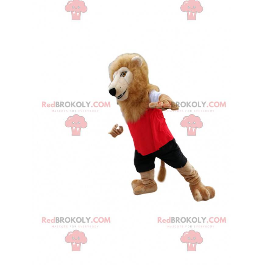 Leeuw mascotte in rode en zwarte sportkleding. - Redbrokoly.com