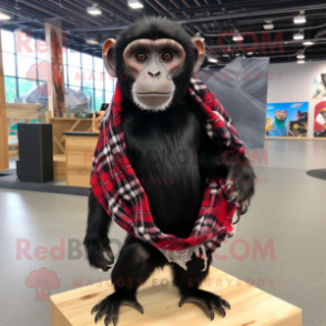 Black Capuchin Monkey mascot costume character dressed with a Flannel Shirt and Shawls