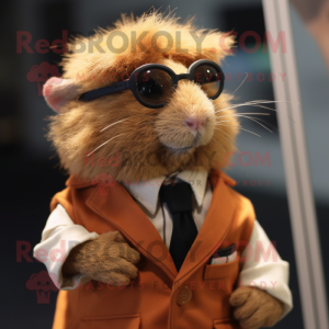 Rust Guinea Pig mascot costume character dressed with a Waistcoat and Eyeglasses