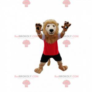 Mascotte de lion en tenue de sport rouge et noir. -