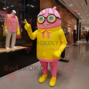 Lemon Yellow Pink mascot costume character dressed with a Long Sleeve Tee and Eyeglasses