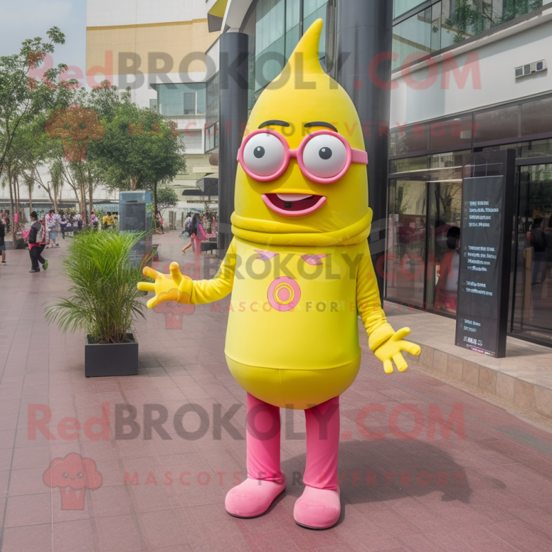 Lemon Yellow Pink mascot costume character dressed with a Long Sleeve Tee and Eyeglasses