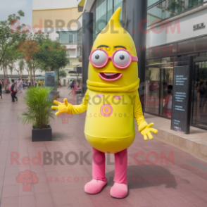 Lemon Yellow Pink mascot costume character dressed with a Long Sleeve Tee and Eyeglasses