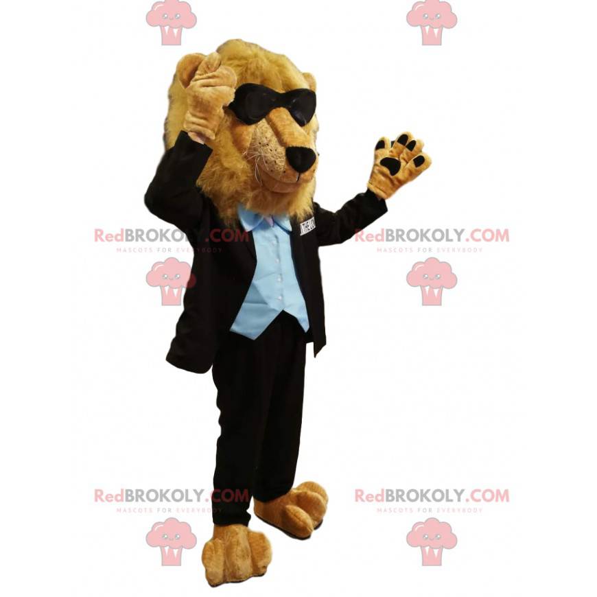 Løvemaskot i sort kostume med solbriller - Redbrokoly.com Løvemaskot i sort kostume med solbriller - Redbrokoly.com
