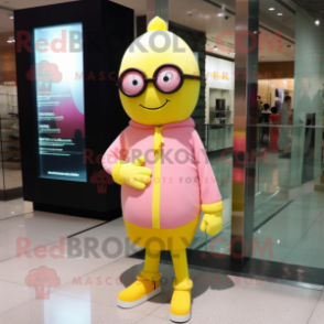 Lemon Yellow Pink mascot costume character dressed with a Long Sleeve Tee and Eyeglasses