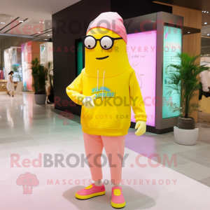 Lemon Yellow Pink mascot costume character dressed with a Long Sleeve Tee and Eyeglasses