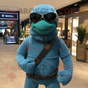 Teal Navy Seal mascot costume character dressed with a Turtleneck and Scarves