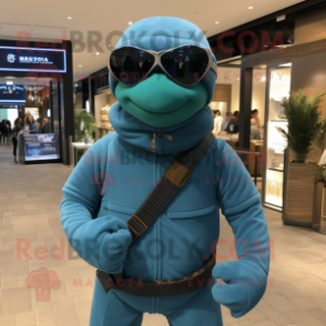 Teal Navy Seal mascot costume character dressed with a Turtleneck and Scarves