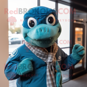 Teal Navy Seal mascot costume character dressed with a Turtleneck and Scarves