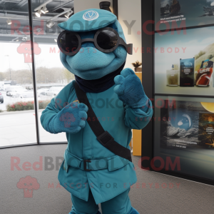Teal Navy Seal mascot costume character dressed with a Turtleneck and Scarves