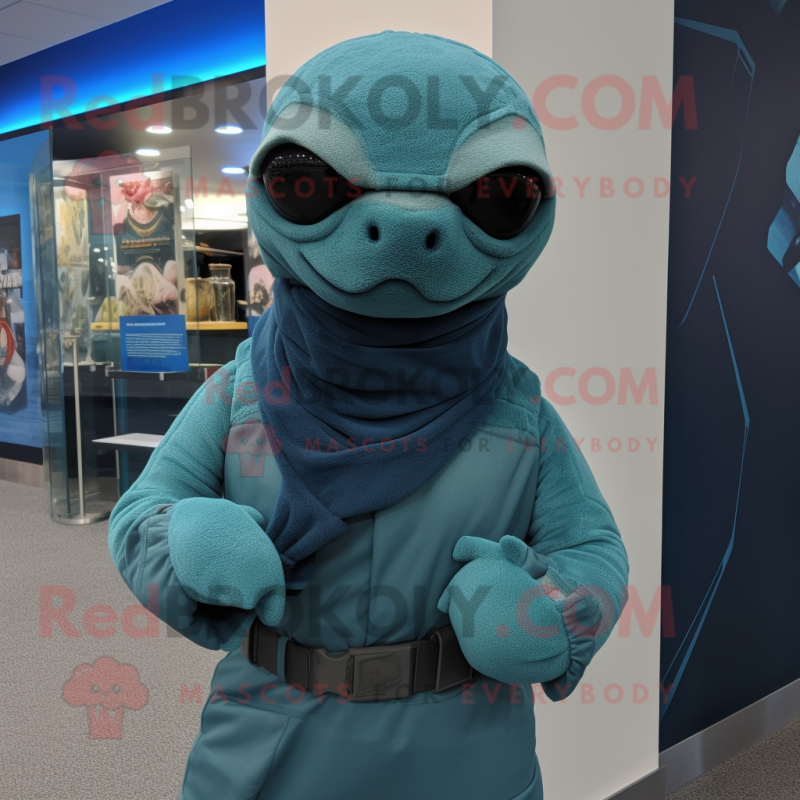 Teal Navy Seal mascot costume character dressed with a Turtleneck and Scarves