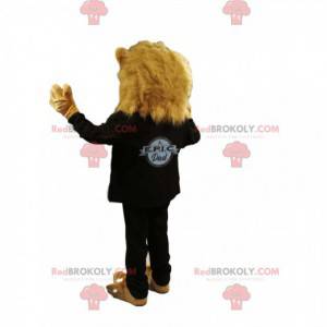 Mascotte de lion en costume noir, avec des lunettes de soleil -