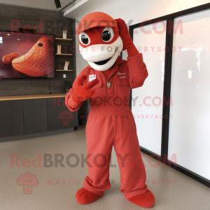 Red Snake mascot costume character dressed with a Jumpsuit and Caps