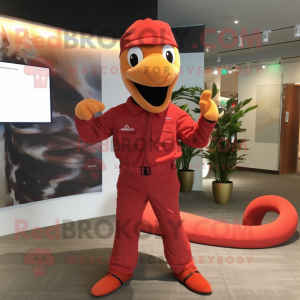 Red Snake mascot costume character dressed with a Jumpsuit and Caps