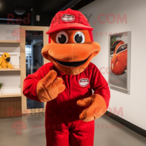 Red Snake mascot costume character dressed with a Jumpsuit and Caps