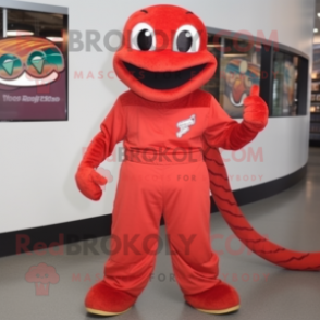 Red Snake mascot costume character dressed with a Jumpsuit and Caps