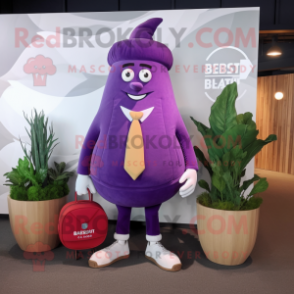 Lavender Beet mascot costume character dressed with a Blazer and Messenger bags