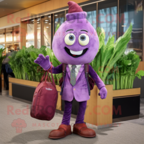 Lavender Beet mascot costume character dressed with a Blazer and Messenger bags