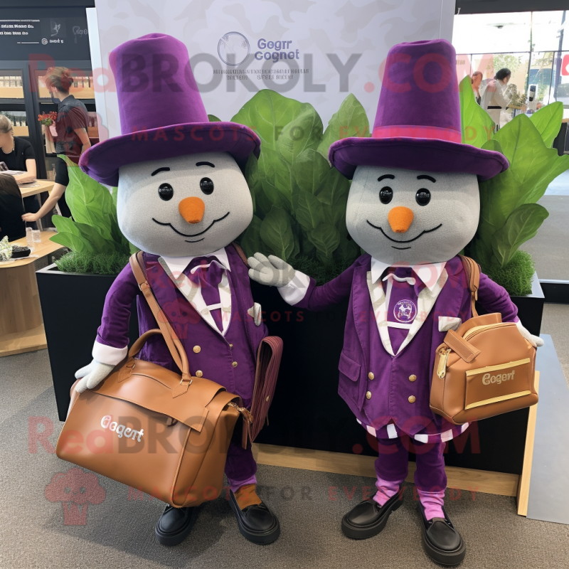 Lavender Beet mascot costume character dressed with a Blazer and Messenger bags