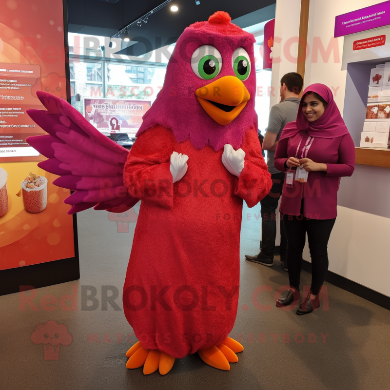 Magenta Butter Chicken mascot costume character dressed with a Wrap Dress and Tie pins Magenta Butter Chicken mascot costume character dressed with a Wrap Dress and Tie pins