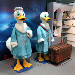 Cyan Muscovy Duck mascot costume character dressed with a Maxi Dress and Briefcases