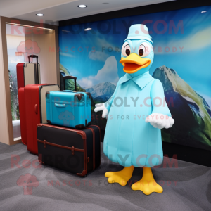 Cyan Muscovy Duck mascot costume character dressed with a Maxi Dress and Briefcases
