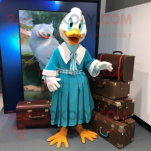 Cyan Muscovy Duck mascot costume character dressed with a Maxi Dress and Briefcases