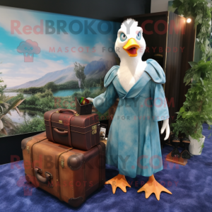 Cyan Muscovy Duck mascot costume character dressed with a Maxi Dress and Briefcases