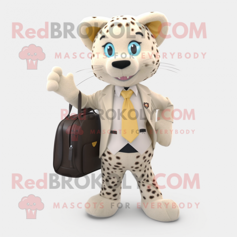 Beige Leopard mascot costume character dressed with a Blazer and Messenger bags Beige Leopard mascot costume character dressed with a Blazer and Messenger bags