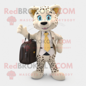 Beige Leopard mascot costume character dressed with a Blazer and Messenger bags